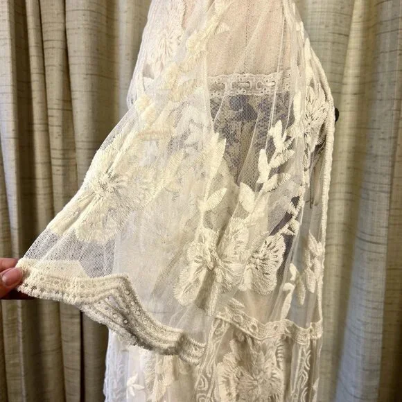Entro White Sheer Boho Embroidered Lace Kimono Jacket Blouse M Cottagecore - Picture 13 of 15